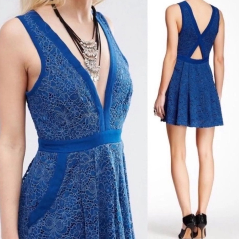 Free People floral Lace V Neck A Line Pleated Dress Blue